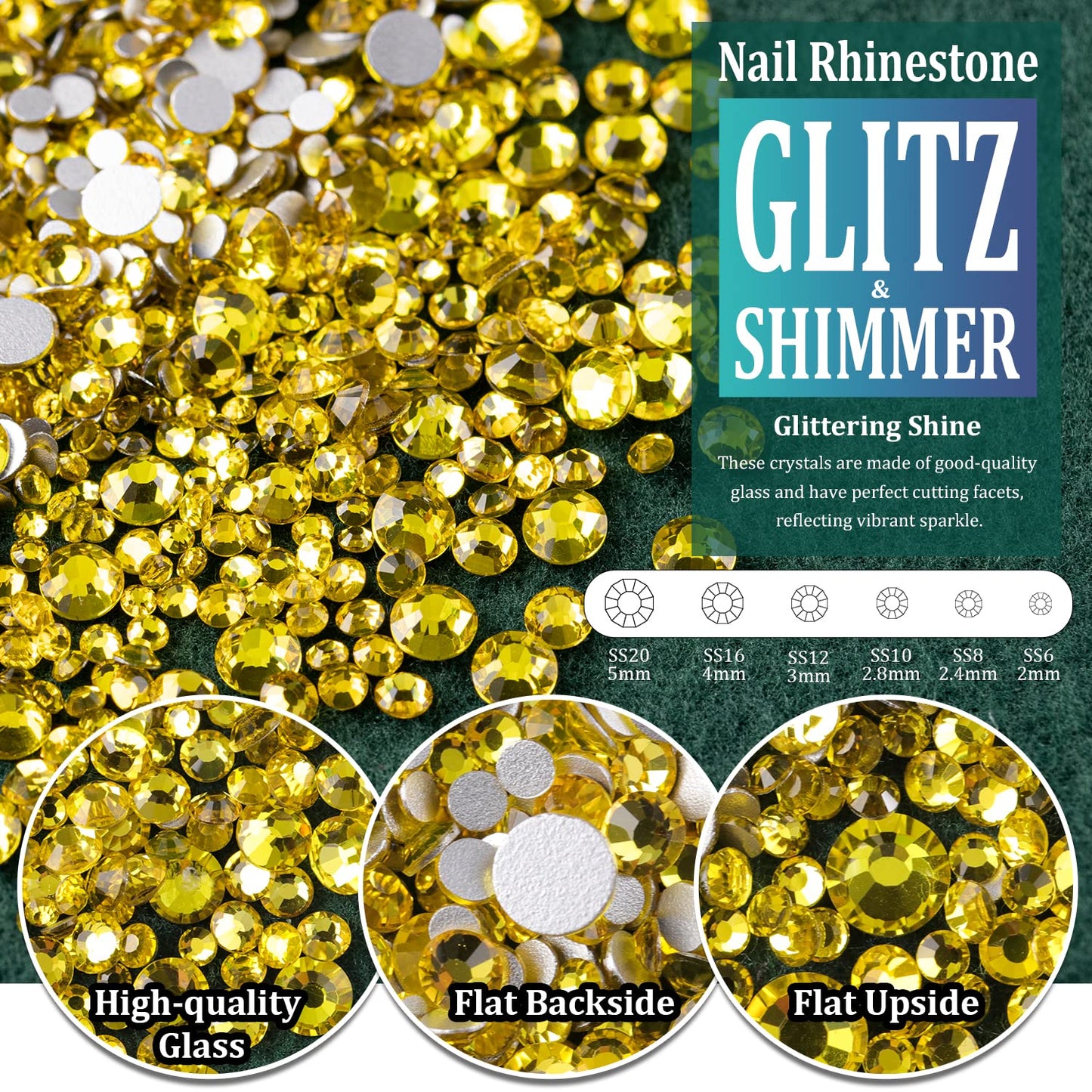 Multi Shapes Lemon Yellow 3D Glass Crystal Nail Art Rhinestones Kit with Flatback Round Bead Charm Gem Stone Jewelry Diamond with Pickup Pen + Tweezer for Manicure Makeup DIY Craft Decoration