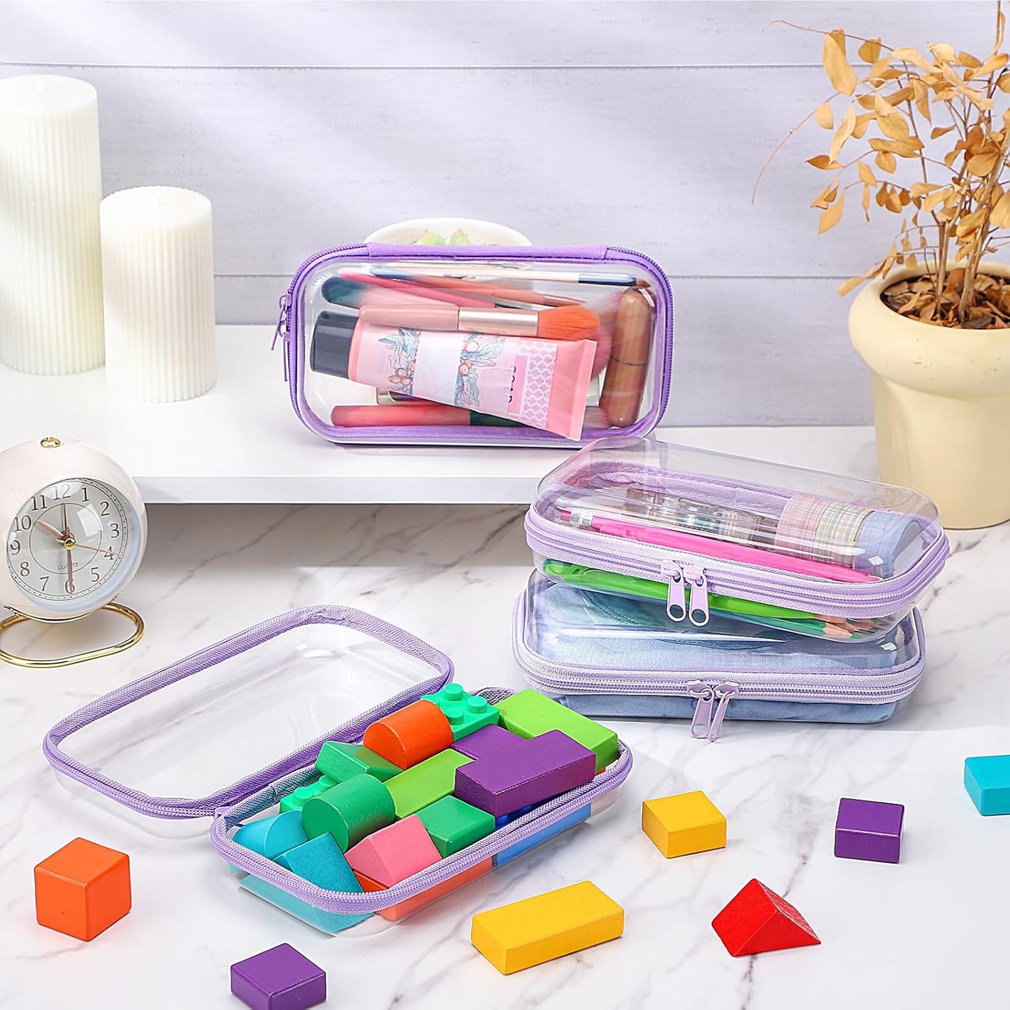 Hoolerry 4 Pcs Hard Clear Zipper Case Makeup Bags Plastic Pencil Pouch Transparent Storage Box Containers for Cosmetics, Snacks, Building Blocks, Puzzles(Purple,7.5 x 3.9 x 2 in)