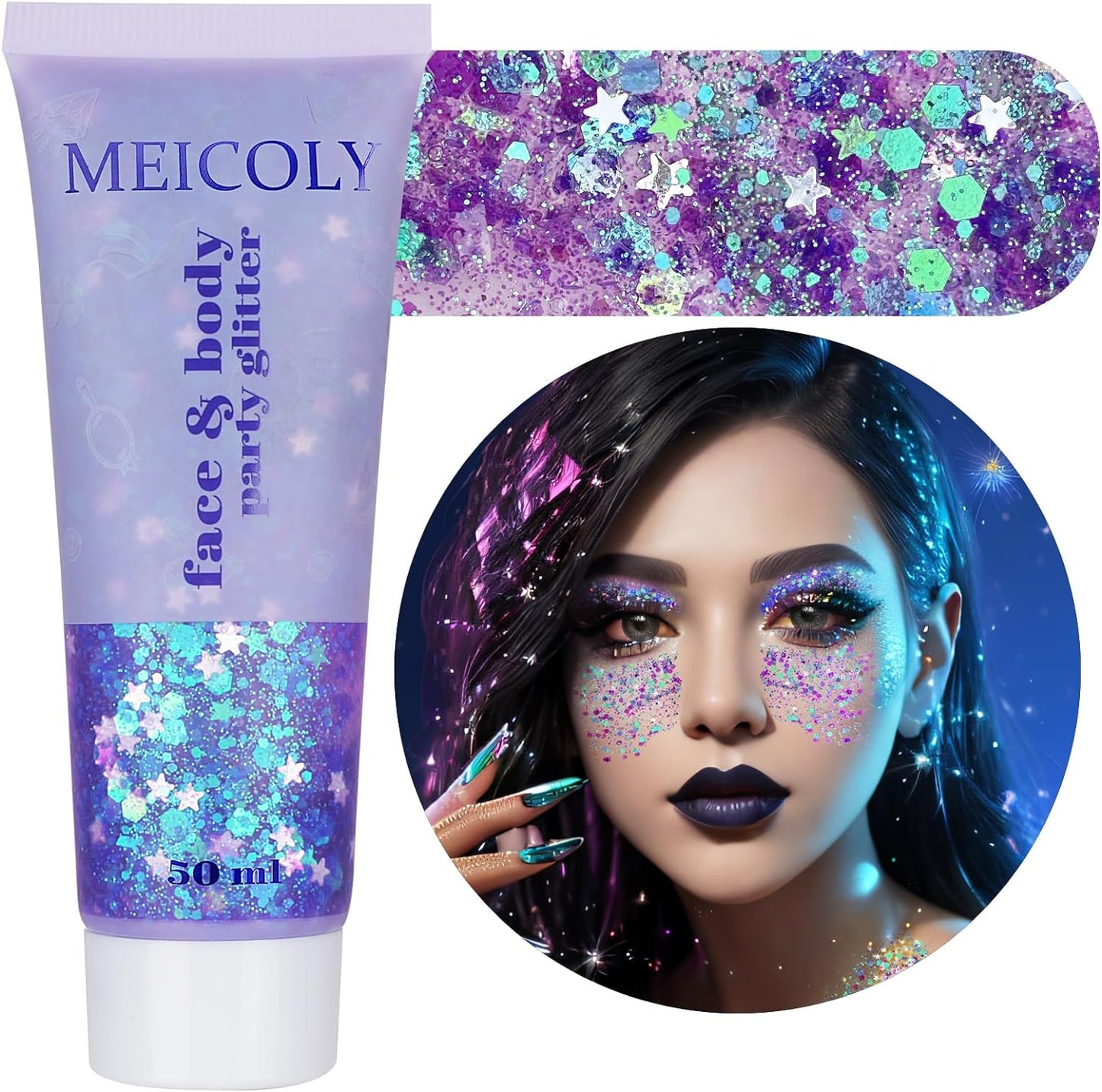 MEICOLY Light Purple Body Glitter,Chameleon Purple Mermaid Face Glitter,Mardi Gras Outfit for Women,Rave Glitter Makeup,Glitter Face Paint,Hair Chunky Glitter,Sparkling Glitter Gel for Women,50ml