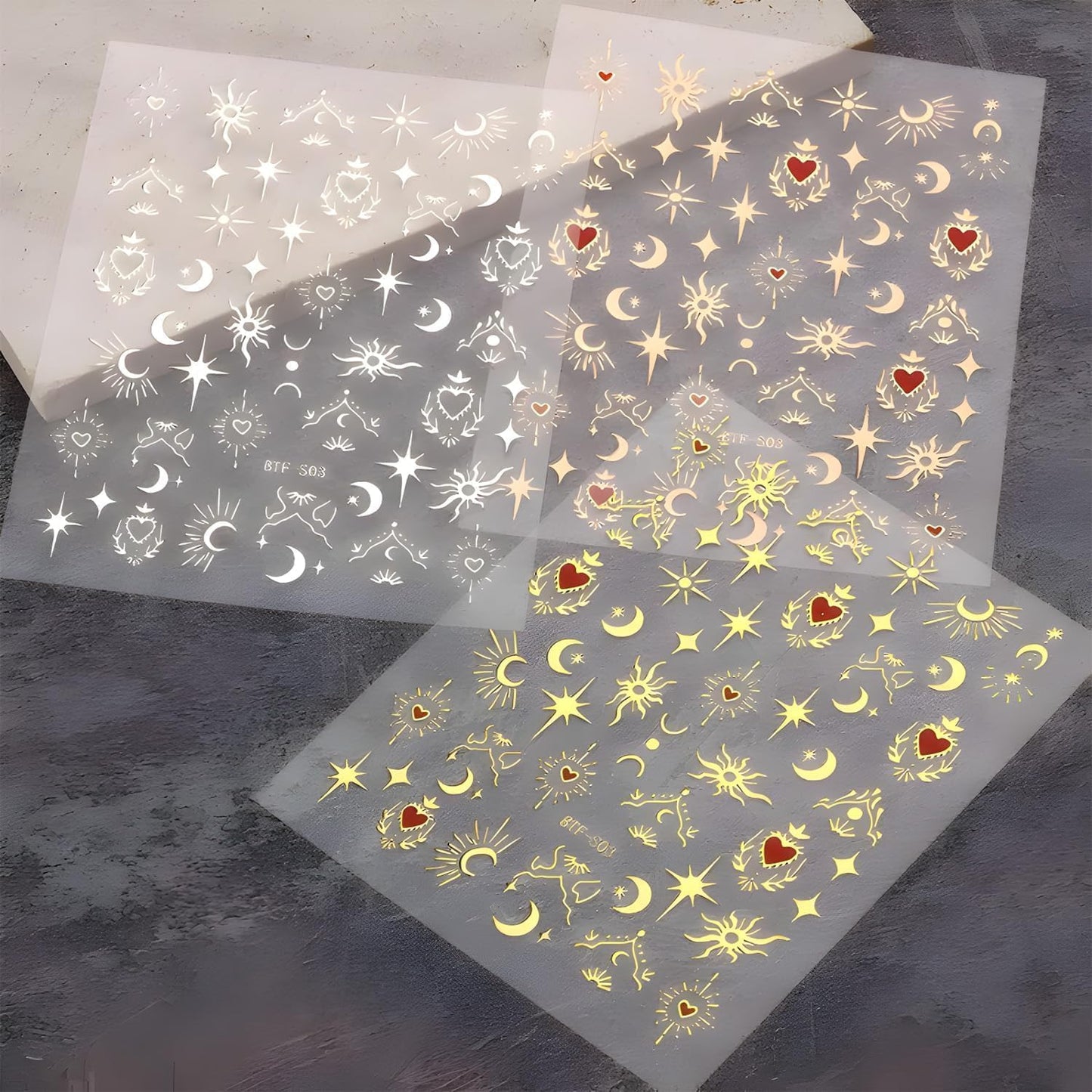 Gold Nail Stickers Decals 12 Sheets Sun Moon Nail Art Stickers Decals 3D Self Adhesive Star Nail Decals Design Heart Nail Supplies Charms for Women Girls Nail Art Manicure Decoration