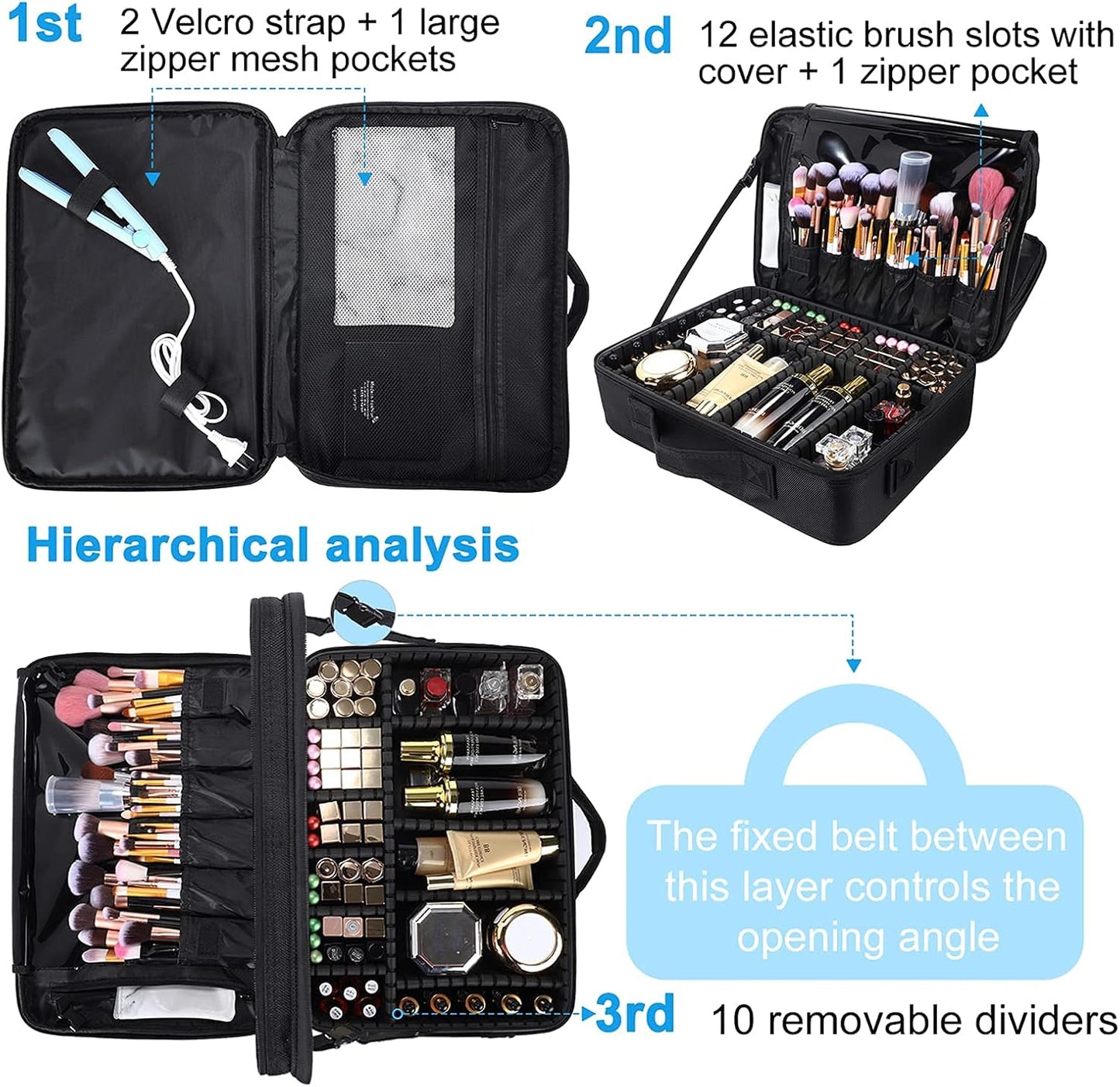 JOURMON Travel Makeup Case Portable Makeup Train Case Organizer Cosmetic Bag with Adjustable Dividers and Shoulder Strap for Makeup Brushes Toiletry Travel Accessories(Pure Black, L)