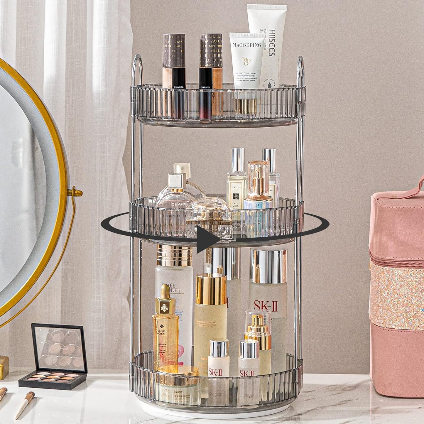 Rotating Makeup Organizer for Vanity, High-Capacity Skincare Clear Make Up Storage Perfume Organizers Cosmetic Dresser Organizer Countertop 360 Spinning (Gray, 3 Tier)