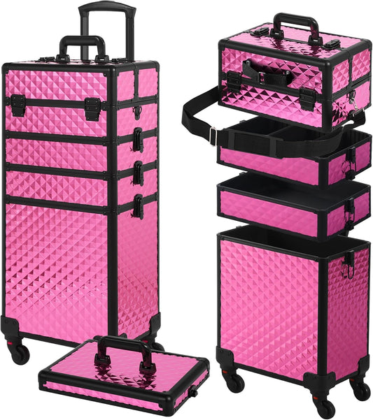 Rolling Makeup Case, Makeup Train Case with Lid, 5 in 1 Cosmetology Case on Wheels, Christmas Gift, Large Makeup Organizers, Profesional Cosmetic Case for Salon Barber, Rose Red