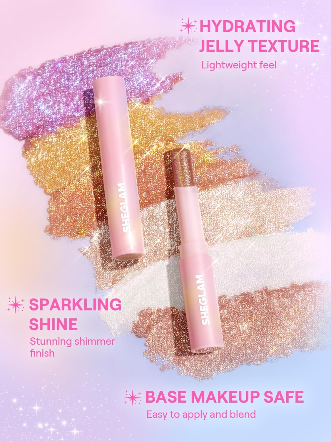 SHEGLAM Crystal Jelly Glaze Stick Eye Shadow Stick Eyeliner Brightener Pencil Crayon with Brush Easy to Blend Long Lasting Shimmer Eyeshadow-Rosy Gem