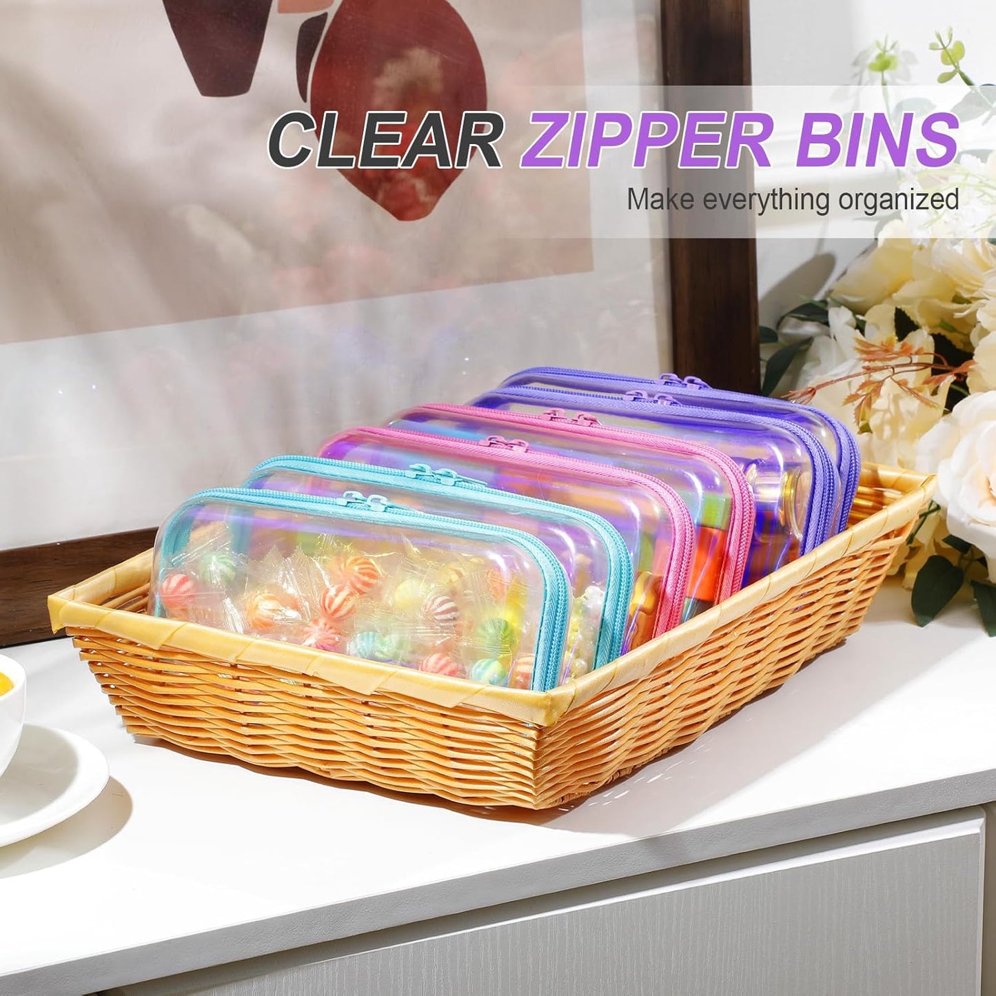 Sanwuta 6 Pcs Clear Hard Zipper Case Pencil Pouches Hard Plastic Zipper Pouches Makeup Bag Transparent Cases for Snacks Plastic Storage Organizer Box for Travel(Holographic,7.48 x 3.94 x 2 Inch)