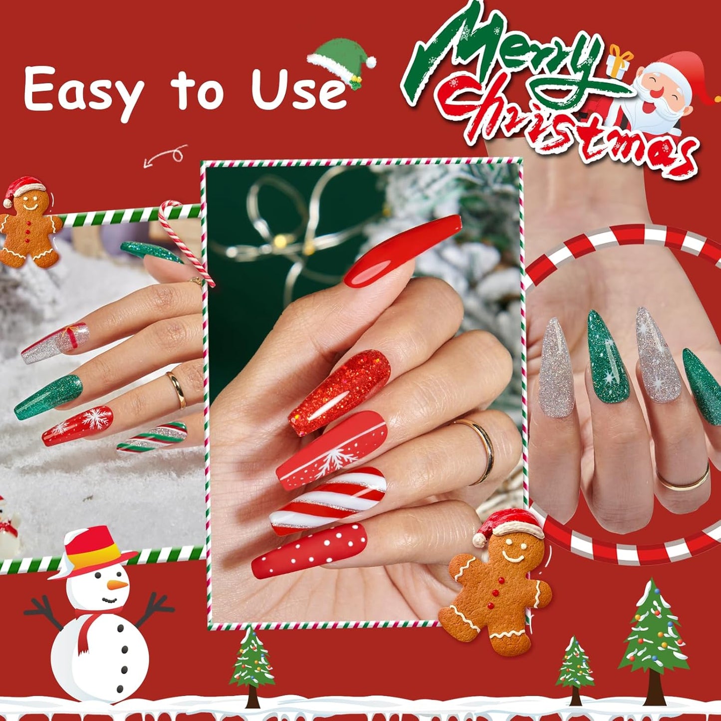 AZUREBEAUTY Nail Polish Set, 4 Colors Christmas Glitter Red Green Gold Silver Quick Dry Natural Fingernail Lacquer Strengthening Treatment Kit with Top Coat DIY Salon at Home