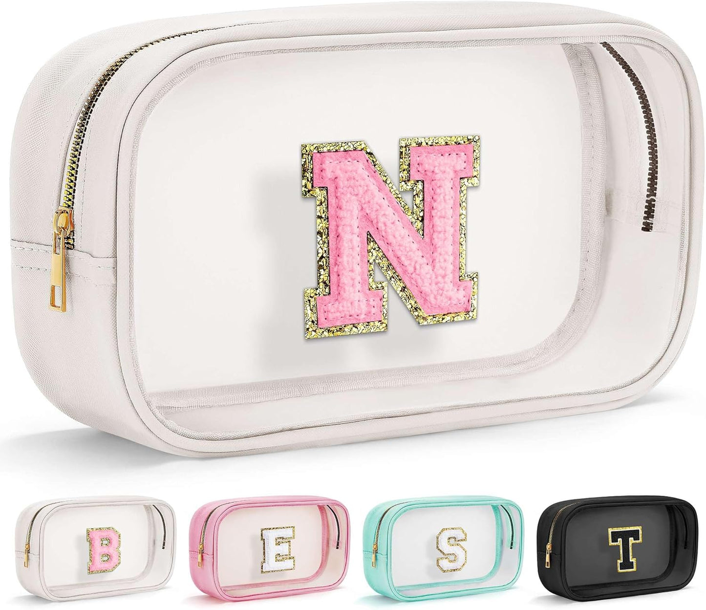 YOOLIFE Initial Make Up Bag Travel Toiletry Bag, Clear Makeup Bag Preppy Cosmetic Bag Clear Makeup Bags With Zipper Girlfriend Teacher 6 Year Old Girl Gifts Daughter Gifts Swim Gifts For Girls White N