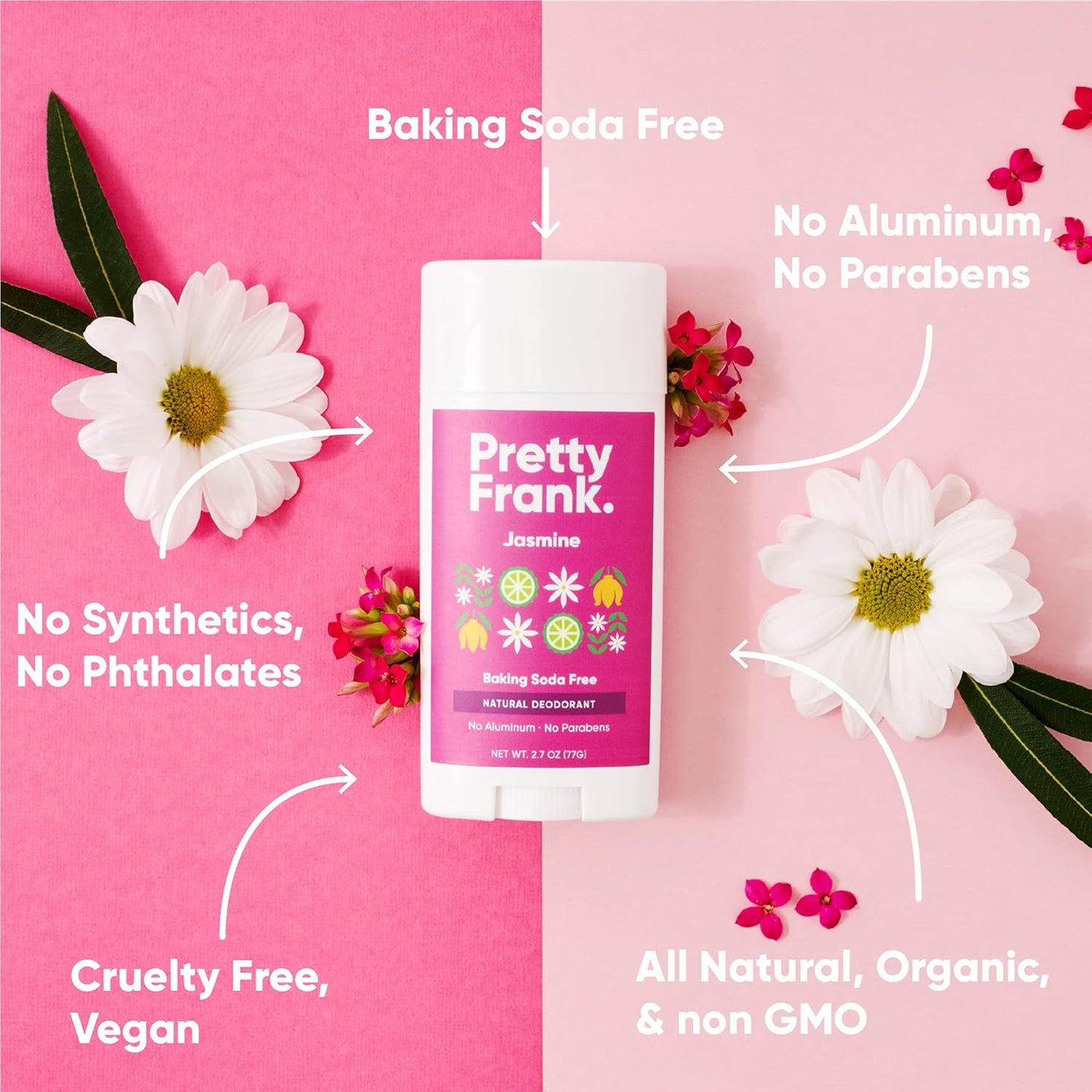 Pretty Frank Natural Aluminum-Free Deodorant Stick, Baking Soda-Free, Jasmine (1-Pack) | Sensitive Skin Friendly, Effective All-Day Odor Control for Women & Men, Organic Ingredients and Essential Oils