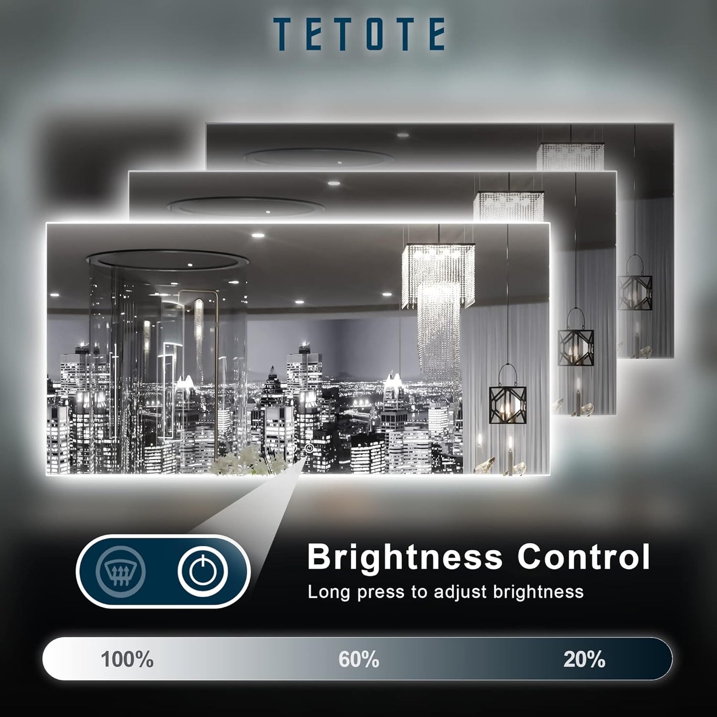 TETOTE 48 x 24 LED Backlit Bathroom Mirror with Light,3Color White/Warm/Natural,Anti-Fog Lighted Mirror,Dimmable,Vanity Mirror,Wall Mounted