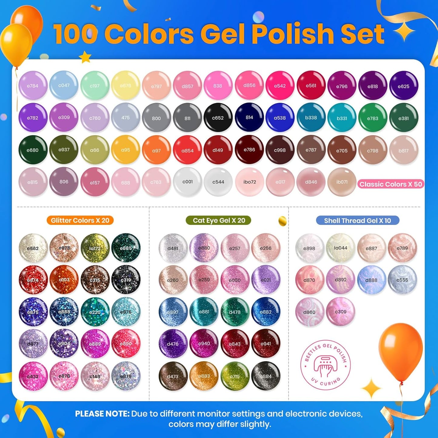 Beetles Fall Nail Fest Gel Nail Polish Set - Nail Nook 119 PCS 100 Colors Gel Polish Kit Base Glossy Matte Glitter Top Coat Neon Glitter Pearl Cat Eye White Red Pink Nude Nails Gift for Women