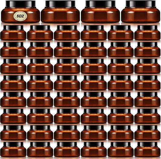 Tessco 48 Pcs Plastic Jars with Lids and Labels Body Scrub Jars Round Refillable Cosmetic Containers Empty Butter Travel Containers for Sugar Scrub Lotions Cosmetics Cream(5 oz,Brown)