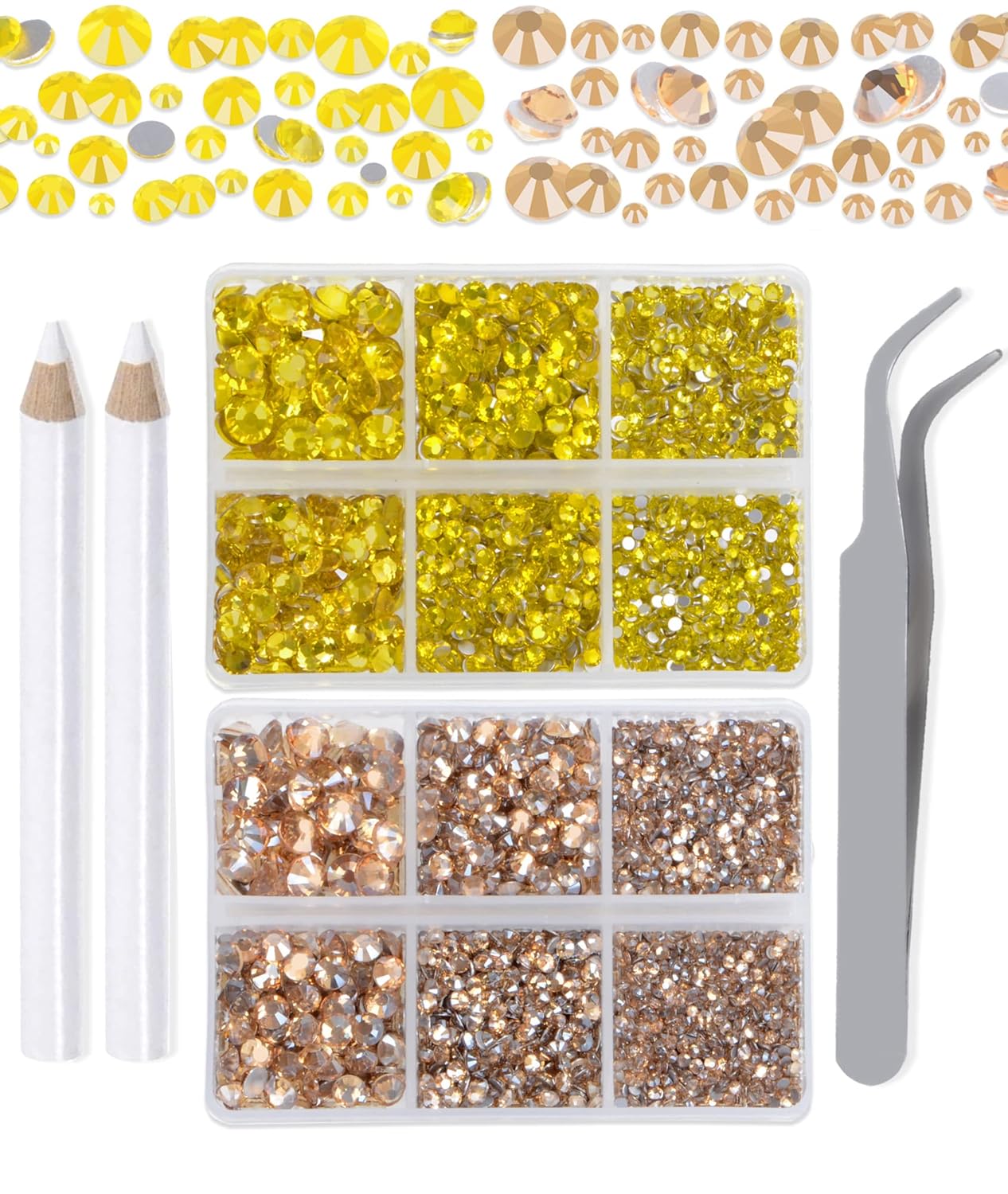 LPBeads 6000 Pieces Citrine and Champagne Non Hotfix Rhinestones 6 Sizes Round Crystal Glass Flat Back Rhinestones with Tweezers and Picking Pen for Nail Art Crafts Clothes Bags DIY
