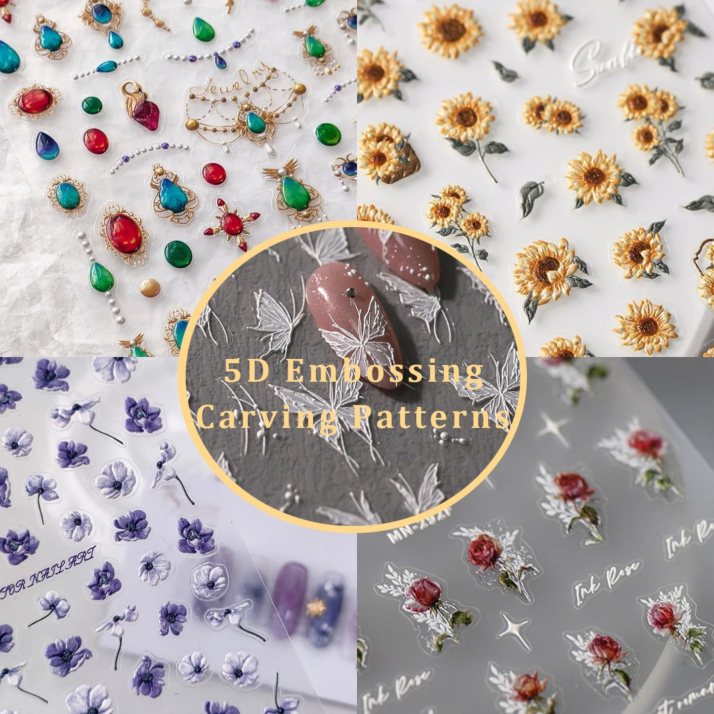 5D Embossed Flower Nail Stickers for Nail Art White Floral Nail Art Stickers Self-Adhesive Pearls Nail Art Decals for Women Nail Supplies Art Design Stickers (1, White Flower)