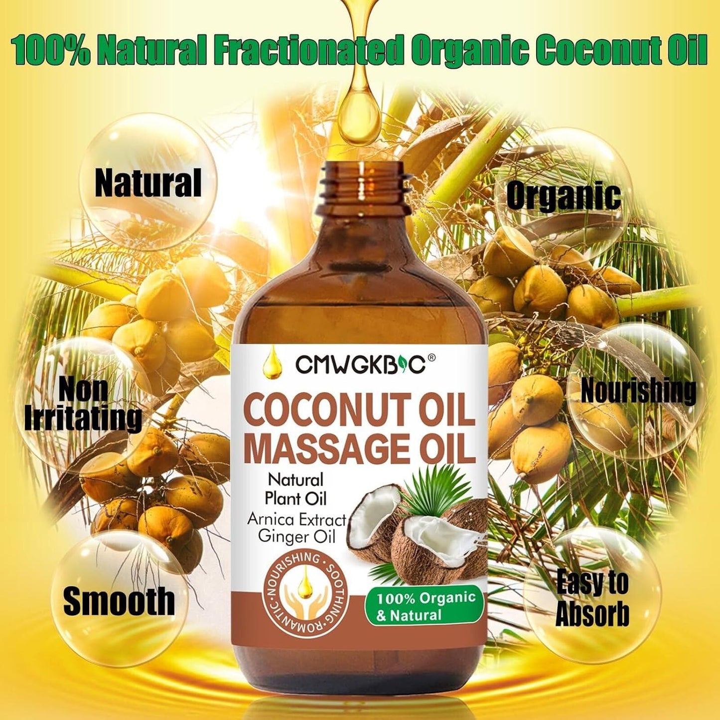 Coconut Oil Massage Oil for Massage Therapy- Relaxing Massage Oil,Carrier Oil for Essential Oils,Non-Greasy Coconut Oil for Skin and Hair,Massage Oils for Date Night Spa Body Oil for Women Men