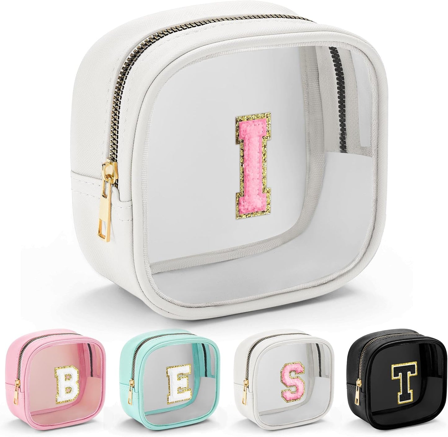 YOOLIFE Initial Make Up Bag Travel Toiletry Bag, Clear Makeup Bag Preppy Cosmetic Bags Organizer Travel Essentials Gifts for Women Teen Girlfriend Teacher Mom Birthday Mothers Day Gifts White I
