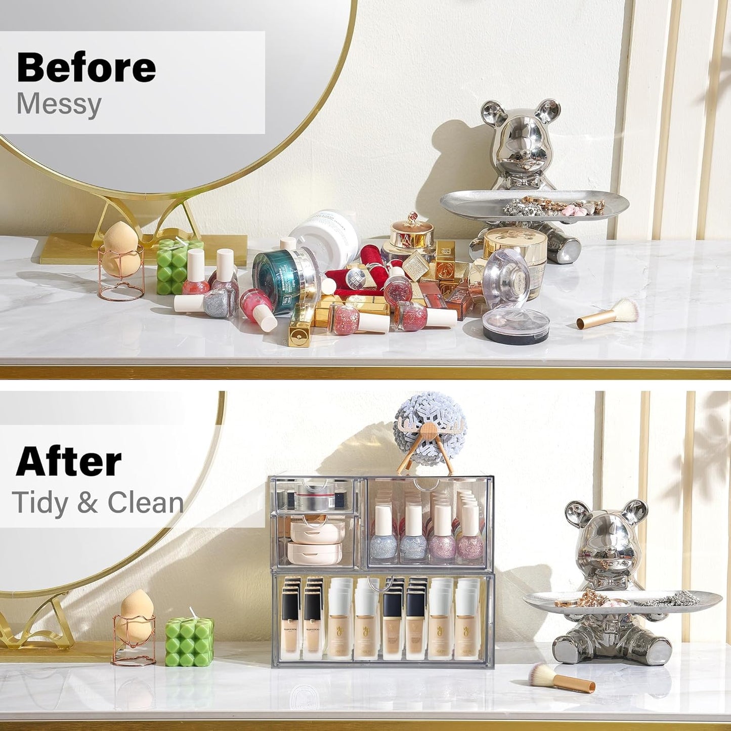 Prsildan Acrylic Drawer Makeup Organizer with 10 Drawers, Set of 2 Office Desk Organizers Accessories, Clear Stackable Storage Drawers for Vanity, Countertop, Craft, Jewelry, Art Supply Organization