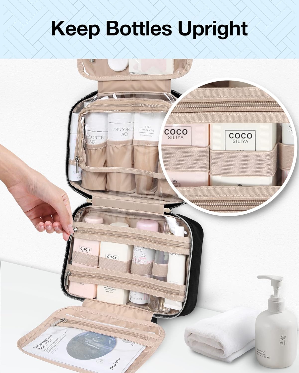 BAGSMART Toiletry Bag Hanging Travel Makeup Organizer with TSA Approved Transparent Cosmetic Bag Makeup Bag for Full Sized Toiletries, Large-Blck