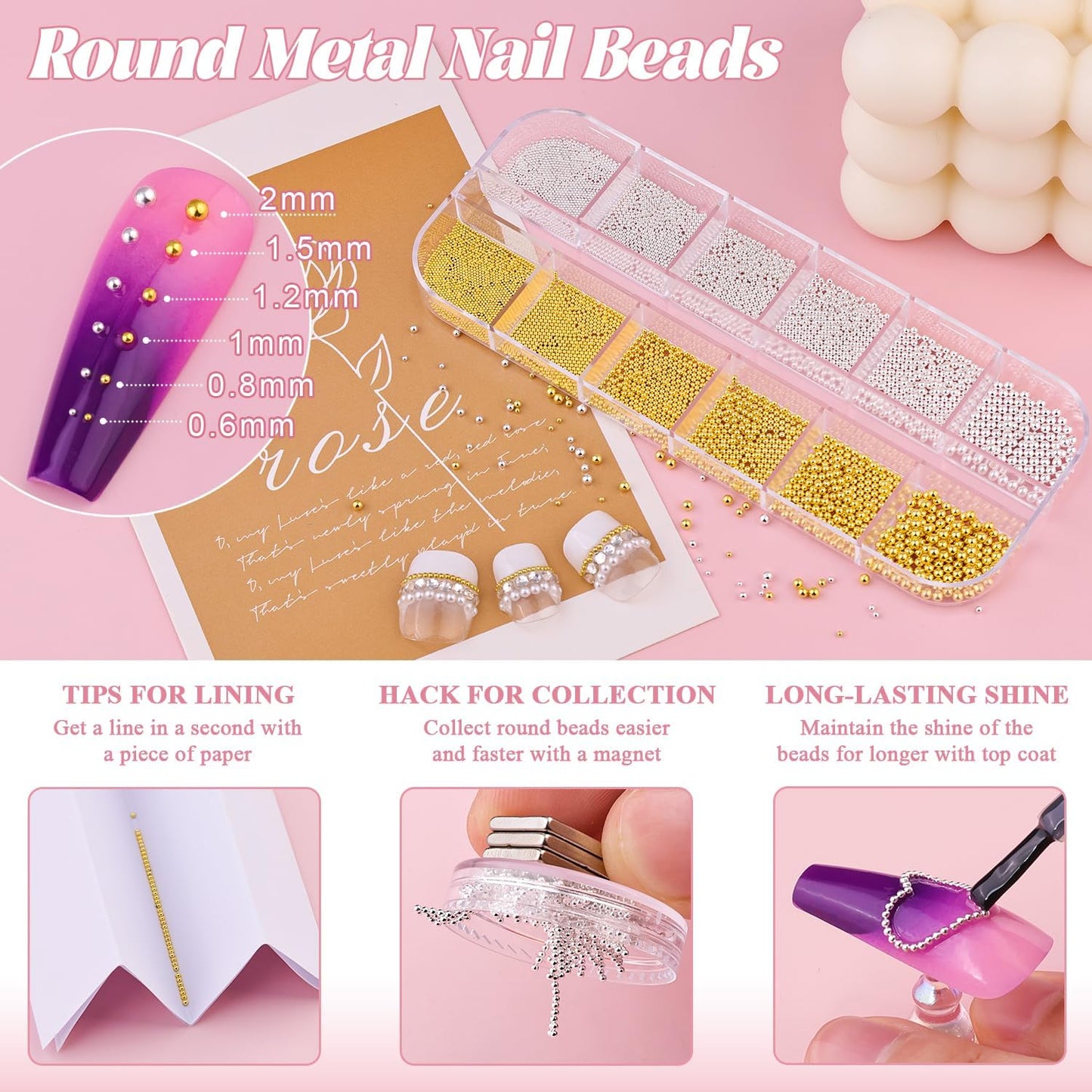 Flatback Rhinestones (Clear+AB) and Metal Steel Round Caviar Beads (Silver+Gold) with Rhinestones Glue Gel for Nail Art, Crystals Nail Charms and Caviar Beads Nail Accessories for Manicure Decor