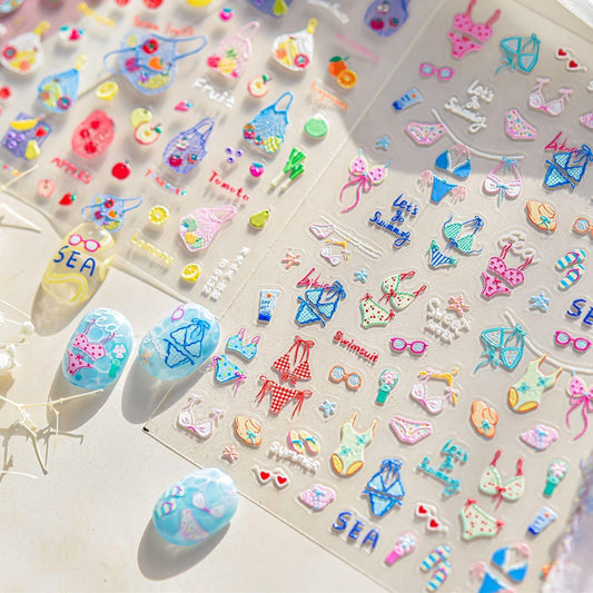 5D Embossed Fruit Nail Art Stickers Summer Beach Fruit Nail Decals Orange Lemon Kiwifruit Apple Banana Summer Nails Design Nail Stickers Cute Pineapple Nail Accessories for DIY Women Nail Decor 1Pcs
