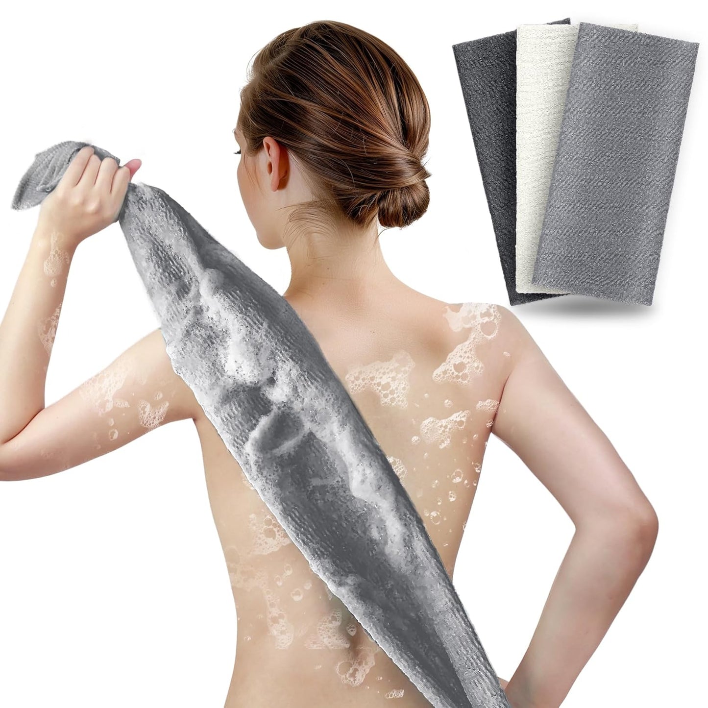 ARCH&M Exfoliating Washcloth (3 Pack), Japanese Body Scrubber for Shower, Long Nylon Towel for Back, Korean Exfoliation for Glowing Skin (Gray Black Off-White)