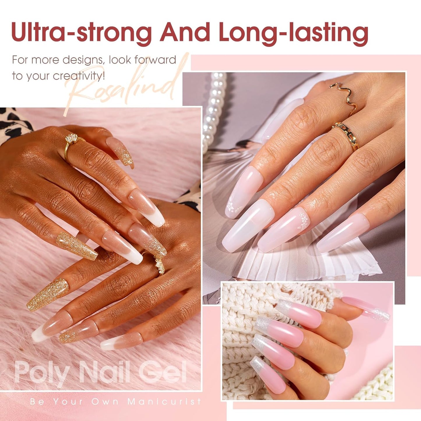 ROSALIND Poly Nail Gel Kit -20 Colors + 76 Nail Art Accessories kit Clear Nude Poly Nails Gel Starter Kit With Slip Solution Pro Nude Pink Nail Extensions with Mini UV Lamp