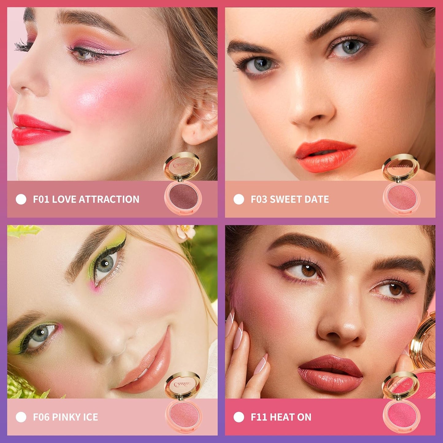 Oulac Pink Luminisers Powdery Blusher for Cheeks Face Glow,Brighten Skin As Highlighter Makeup, Shimmer Blusher,Buildable and Vegan Cosmetics,4.8g F11 Heat On