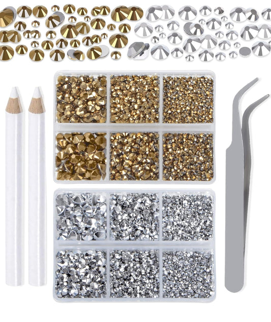 LPBeads 6000 Pieces Metallic Gold and Metallic Silver Non Hotfix Rhinestones 6 Sizes Round Crystal Glass Flat Back Rhinestones with Tweezers and Picking Pen for Nail Art Crafts Clothes Bags DIY