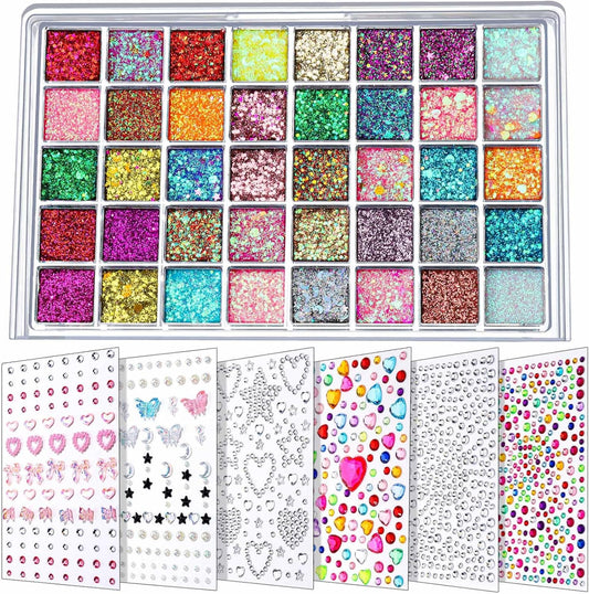 FANDAMEI Face Glitter Face Gems, 40 Colors Glitter Gel Palette with 6 Sheets Self Adhesive Hair Gems, Face Jewels for Women. Face Rhinestones Pearls for Women Kids, Body Hair Glitter