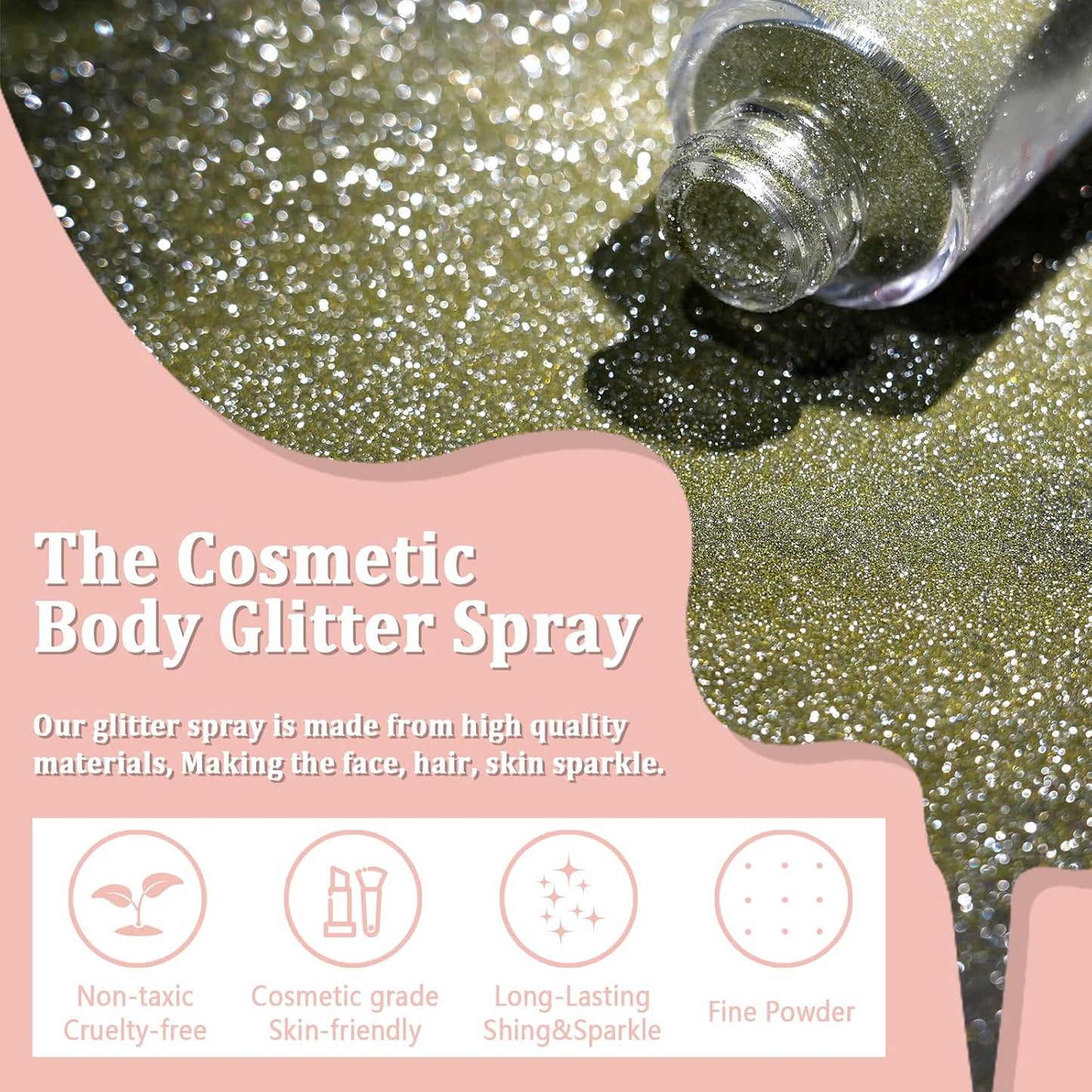 Boko Body Glitter Spray, Diamond Gold Glitter Spray for Sparkling Body Face Hair Nail Clothes, Hair Glitter Spray Body Shimmer Powder for Highlighter Makeup Festival Party Concert Rave Accessories