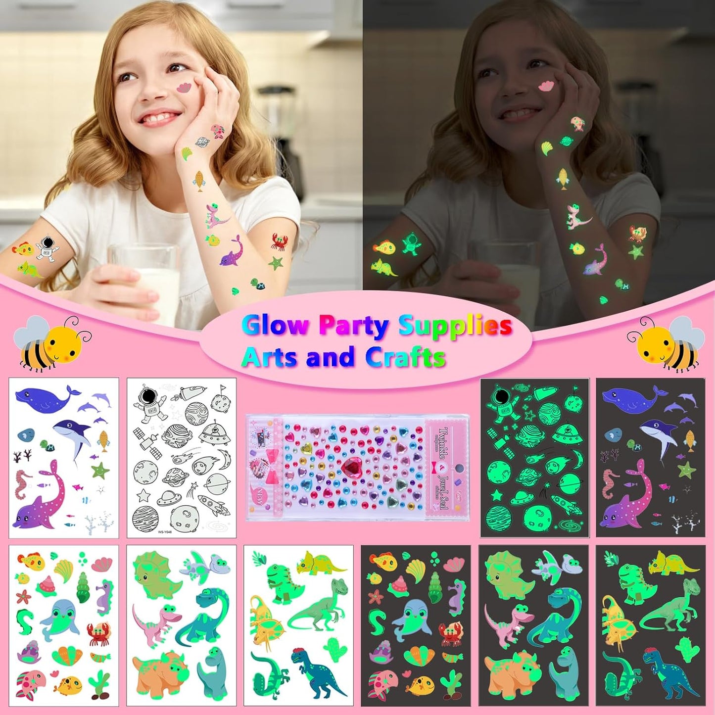 Temporary Glitter Tattoos Kit Kids, 48 Colors Powder with 209 Temporary Tattoo Stencils and 5 Luminous Tattoo Stickers, Body Nail Arts and Craft Glitter Make Up Kit, Gifts for Girl Boy Party