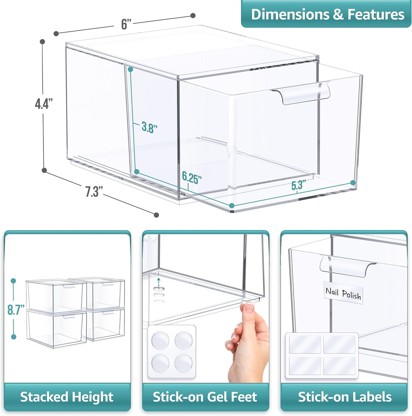 Sorbus Square Clear Stackable Storage Drawers – 4-Pack Plastic Organizer Bins with Handles – Stackable Pull-Out Storage Drawers for Closet, Pantry, Office, Bathroom, Craft, and Toy Organization
