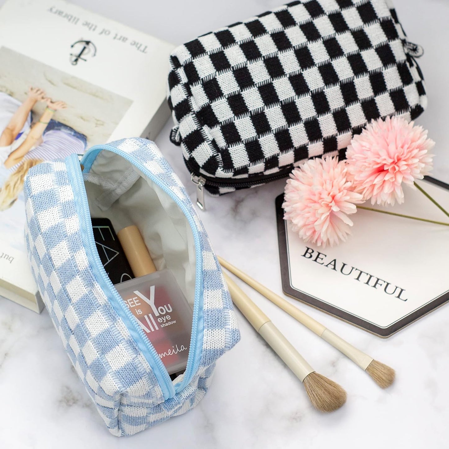 PAZIMIIK Checkered Makeup Bag for Purse Portable Zipper Make Up Pouch Small Cosmetic Case for Travel Accessories (2PCS Black)