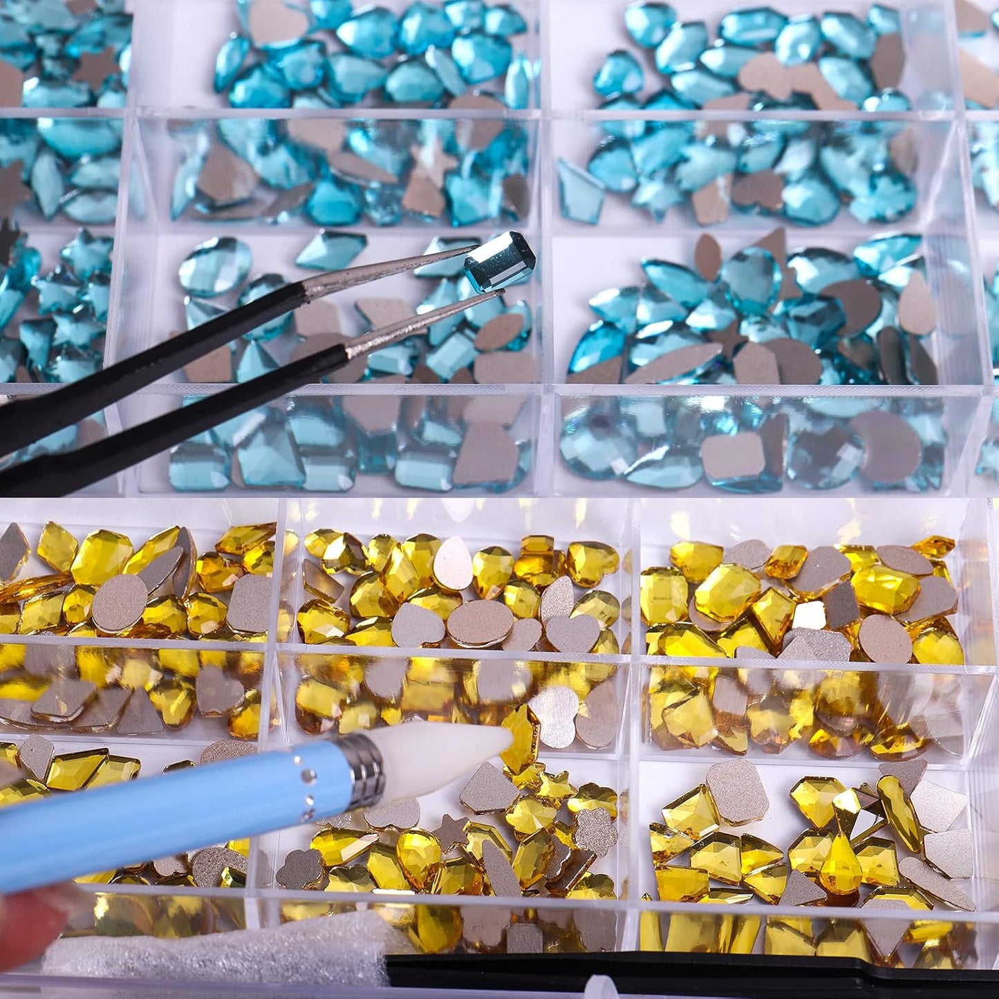 3320Pcs Lake Blue Nail Art Rhinestones Crystal,3D Rhinestones Gems Jewels Diamond,24 Types of 320 Diamonds + 3000 Round Beads, Crystals 3D Flat Back Gemstones for Nail DIY Crafts with Tweezers Pen