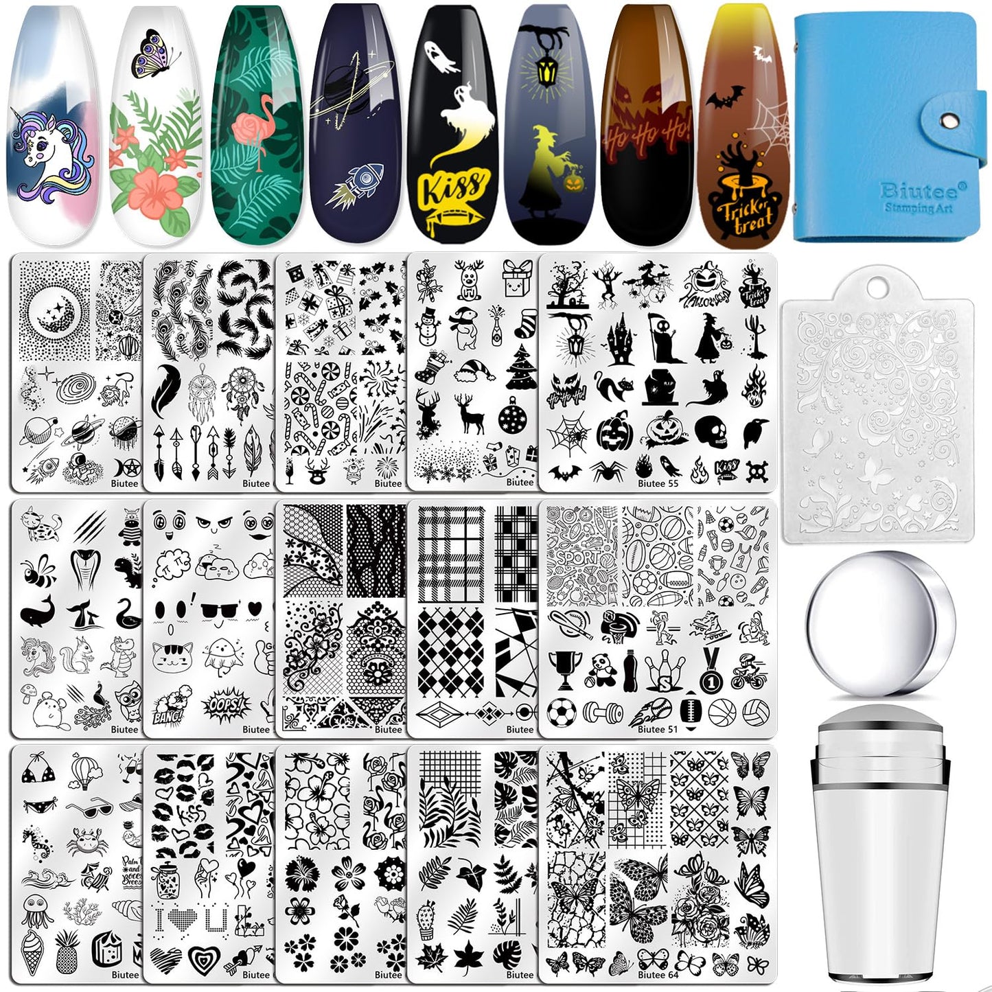 Biutee Nail Stamping Plates Set 15PCS Nail Art Stamper Scraper Nail Art Stamping Kit with Storage Bag Gift Box Nail Stamp Template Kit Lace Flower Butterfly Star Christmas Halloween Holiday Design