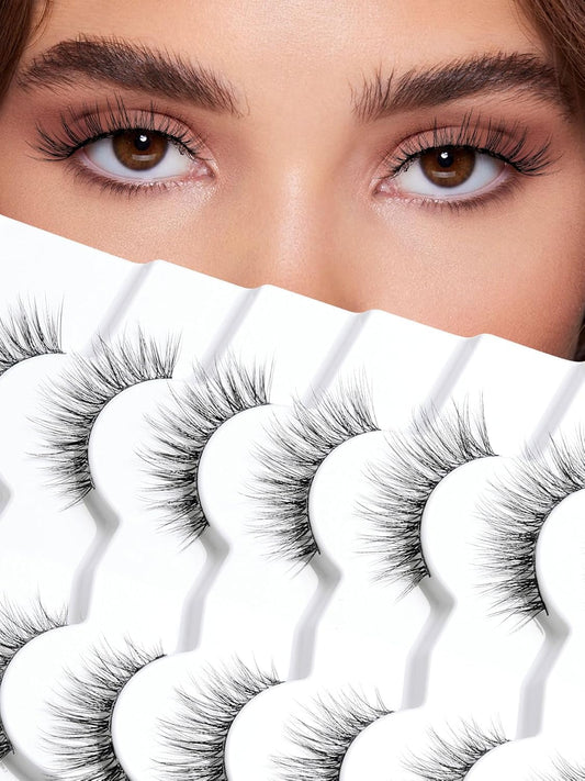 Wispy Cat Eye Lashes False Eyelashes Natural 15MM Strip Eyelashes Thin Band False Lashes 3D Volume Fake Lashes 7 Pair Soft Lash Pack Siligli