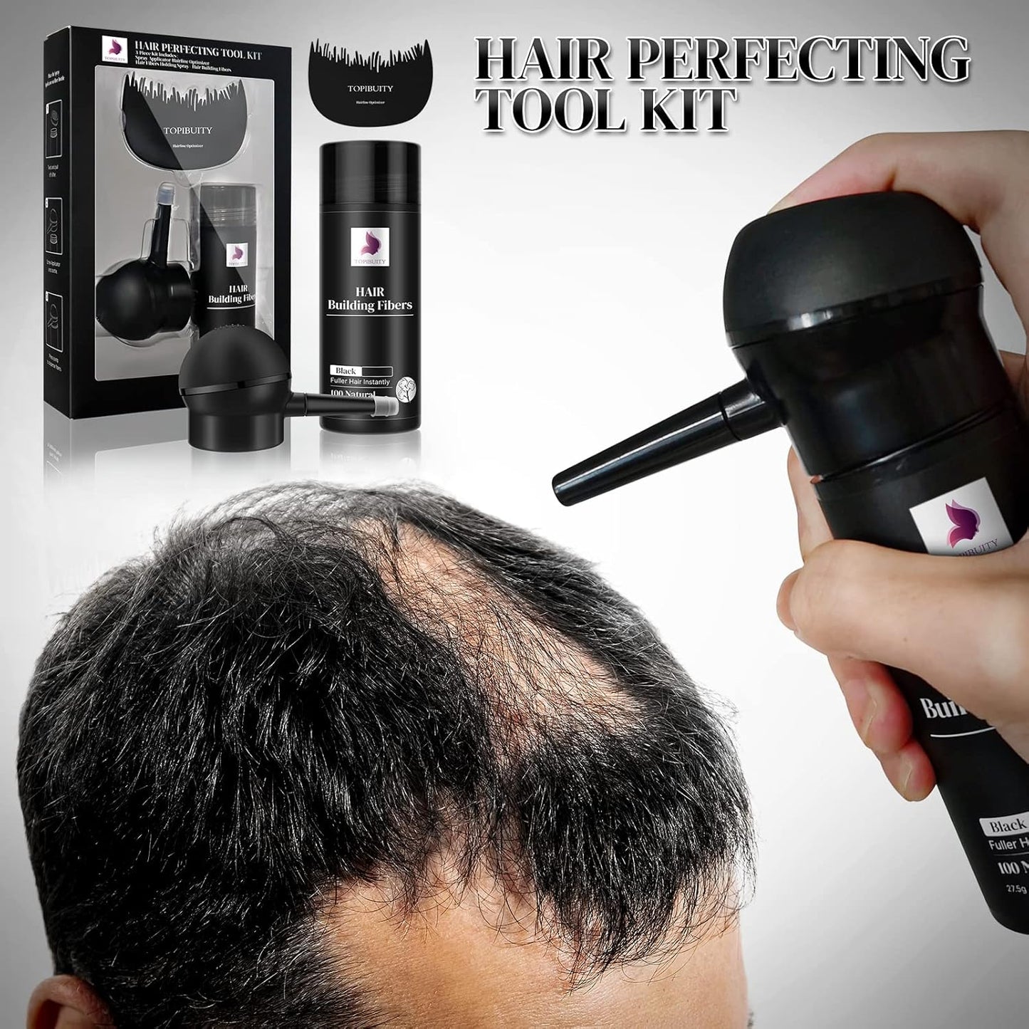 Hair Thickening Fibers & Applicator Set - Natural Long-Lasting Concealer for Fuller Hair, Thicker Beard & Crisp Hairlines (BLACK)