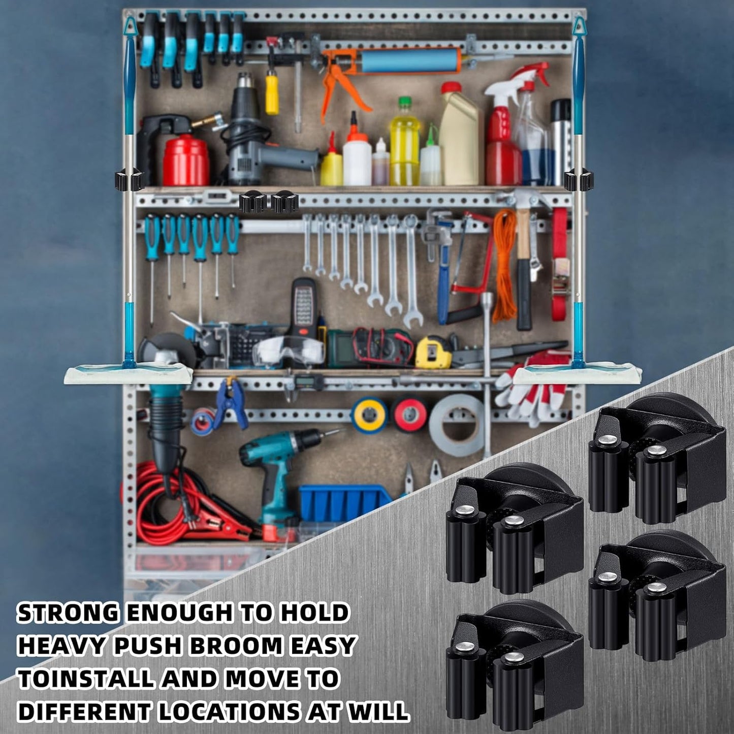 2 Pcs Magnetic Mop Broom Holder Movable Magnetic Broom Holder Rack, Anti Slip Wall Mounted Utility for Cleaning Tools, Garage, Kitchen, Laundry, Garden (Black)