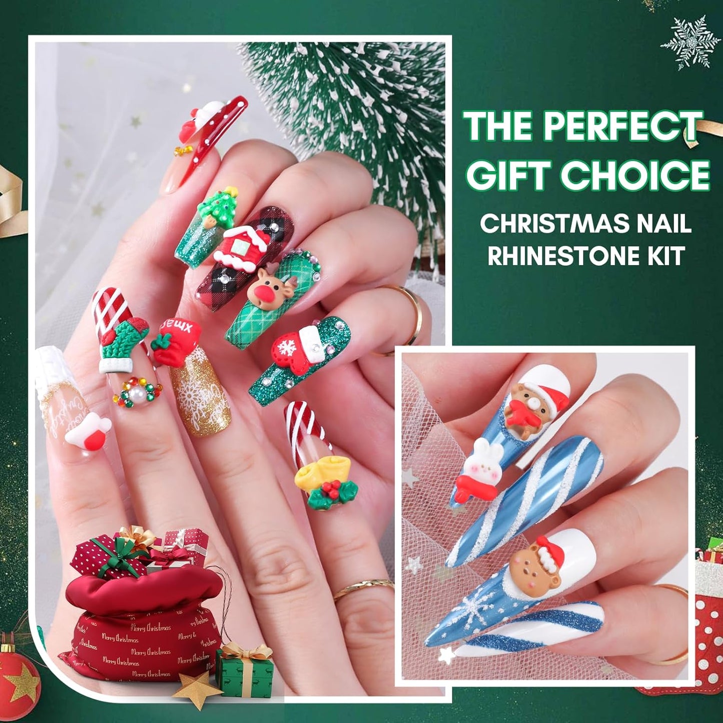 Makartt Christmas Decorations Gift Set: 48PCS 3D Nail Charms with Cartoon Santa, Elk, Tree, Bells for Women, Includes Art Tweezer, Acrylic Accessories for Nails Techs and DIY