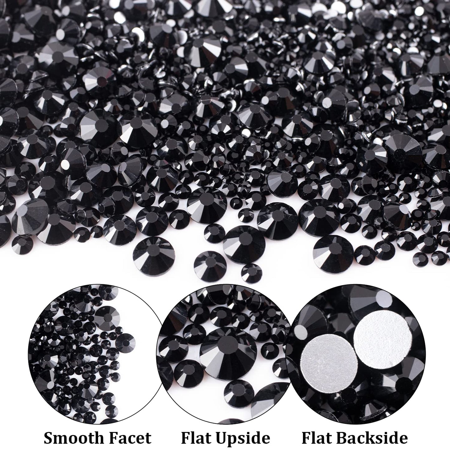 One Pack 2000 Pcs of Flatback Round Black Rhinestones 6 Sizes (1.5-6 mm) with Nail Art Rhinestone Picker Pencil and Tweezers for DIY and Salon Use