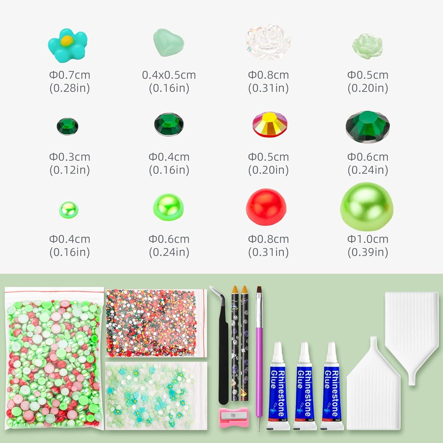 160g Red Green Flat Back Pearls Rhinestones with Gel for Crafts Mixed Size 3mm-10mm AB Color Round Half Pearls Flatback Pearl Beads and Resin Rhinestones Set for Face Art