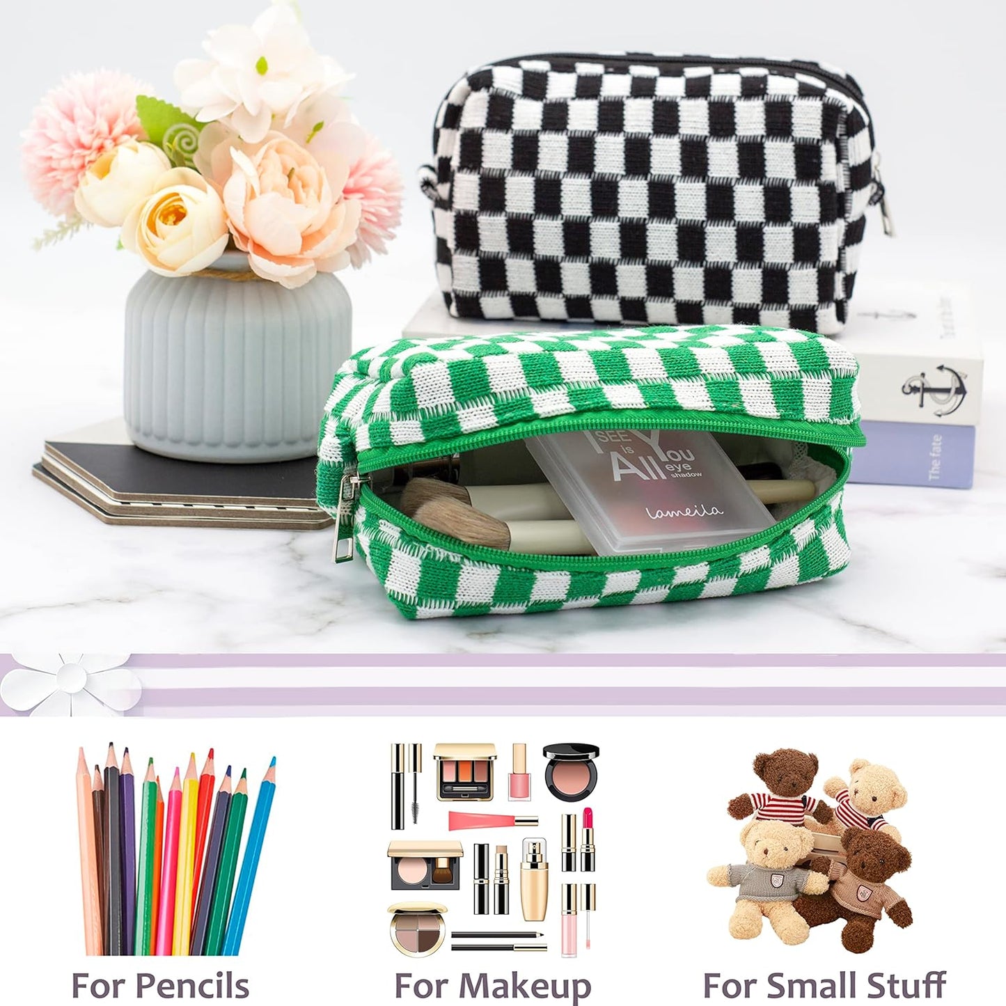 PAZIMIIK Checkered Makeup Bag for Purse Portable Zipper Make Up Pouch Small Cosmetic Case for Travel Accessories (2PCS Black Green)