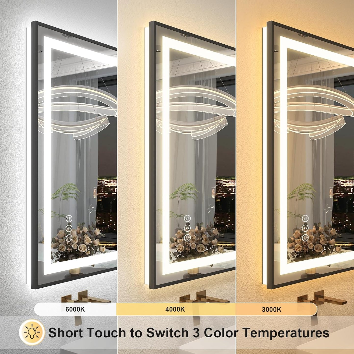 OKPAL 26x36 Black LED Bathroom Mirror with Lights, Frontlit & Backlit Metal Framed Mirror, Lighted Bathroom Vanity Mirror, Anti-Fog, Dimmable 3 Colors, Shatterproof, Horizontal/Vertical