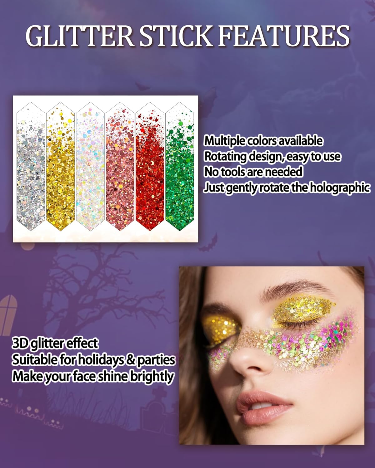 Body Glitter Stick, Waterproof Long Lasting Sparkling Face Shimmer Makeup, Singer Concerts Disco Music Halloween Festival Rave Accessories, Holographic Chunky Sequins Hair Stick,Gift for Women girl-23