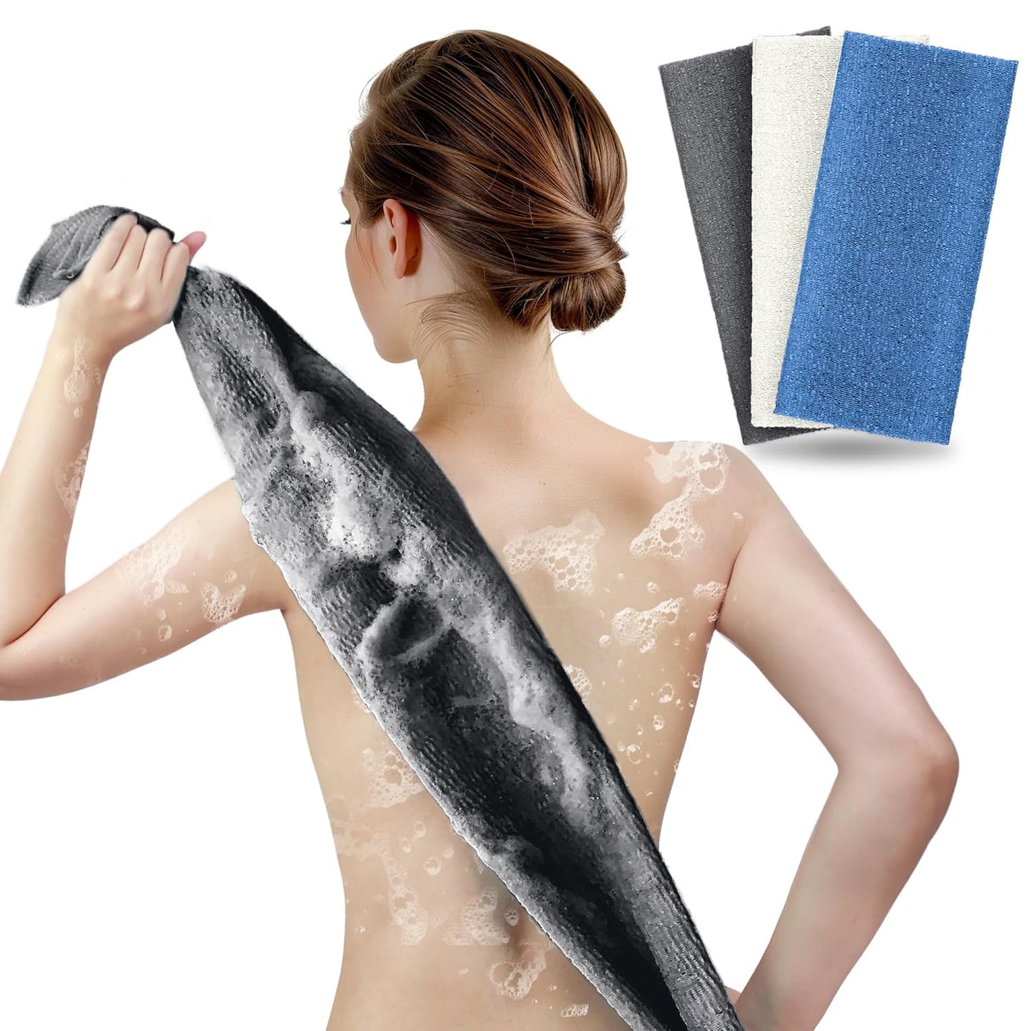 ARCH&M Exfoliating Back Scrubber & Body Washcloth (3 Pack), 35-Inch Japanese Exfoliation Towel for Shower, Deep Cleansing Nylon Beauty Cloth for Smooth Skin (Black Off-White Navy-Blue)