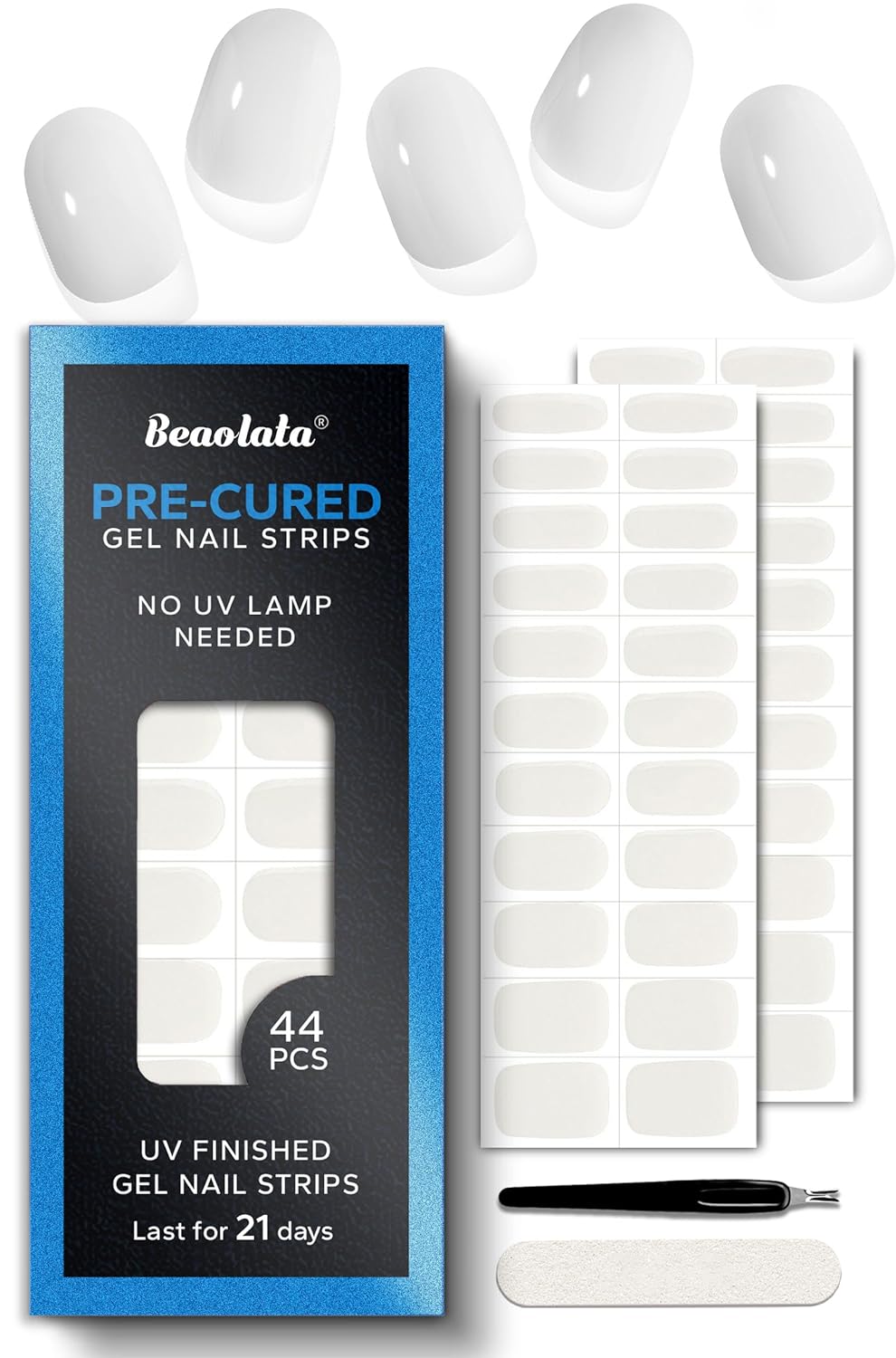Pre Cured Gel Nail Strips - 44PCS Salon Quality Gel Nail Stickers - Long Lasting Polish Wraps for Women no UV Light Needed Easy Apply& Remove (Pearl White)