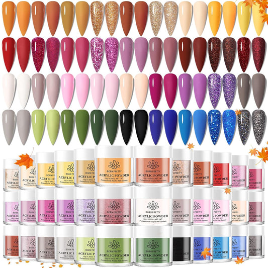 BORN PRETTY Acrylic Powder Set 36 Colors Fall Winter Acrylic Nail Powder Red Purple Green Blue Professional Polymer 3D Nail Art Kit for French Extension Carving Gift Set