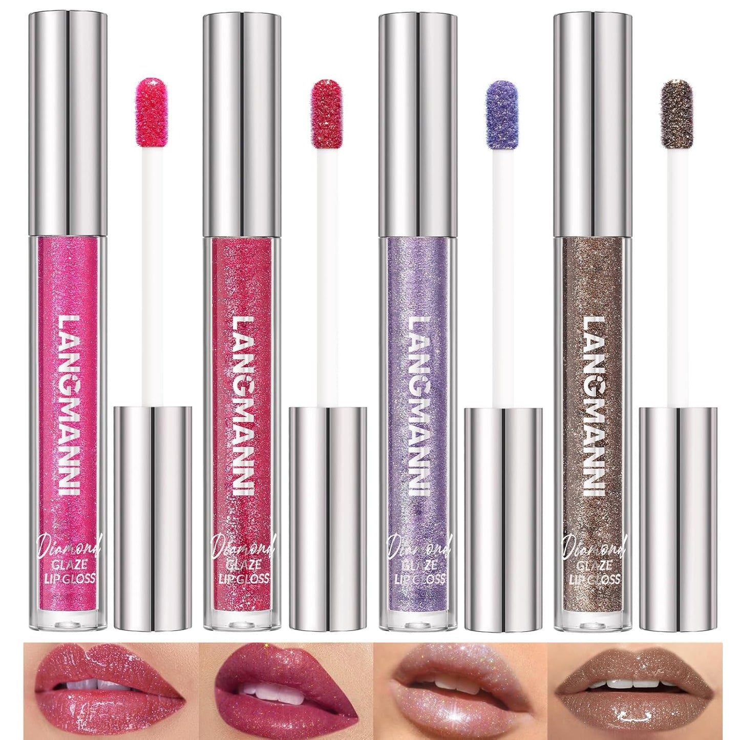 LANGMANNI 4 Colors Diamond Glitter Lip Gloss Set,Long Lasting High Shine Shimmer Liquid Lipstick Set,Hydrating,Moisturizing Lip Gloss Kit Gift Makeup For Girls(#04+06+09+10)