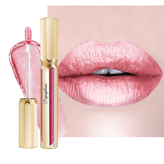 light Pink Lipsticks for Women Metallic Lipstick Long Lasting Non Stick Cup Lip Gloss, Shimmer Lightweight Hydrating Full Coverage Lip Color, DP114 Daytime