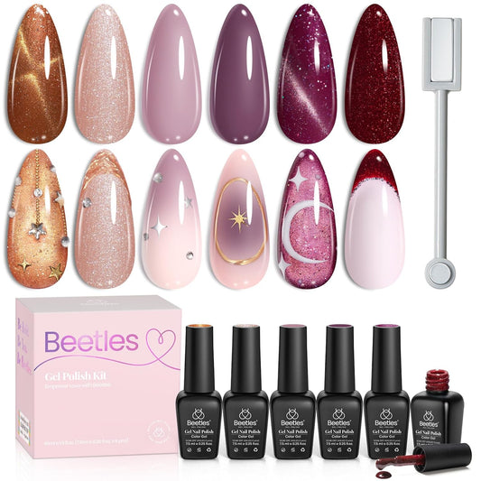 Beetles Cat Eye Gel Nail Polish Set, 6 Colors Brown Purple Glitter Nude Sparkle Stunning Champagne Burgundy Gold lavender Magnetic Effect Nail U v Gel Polish Art Design Gifts for Women