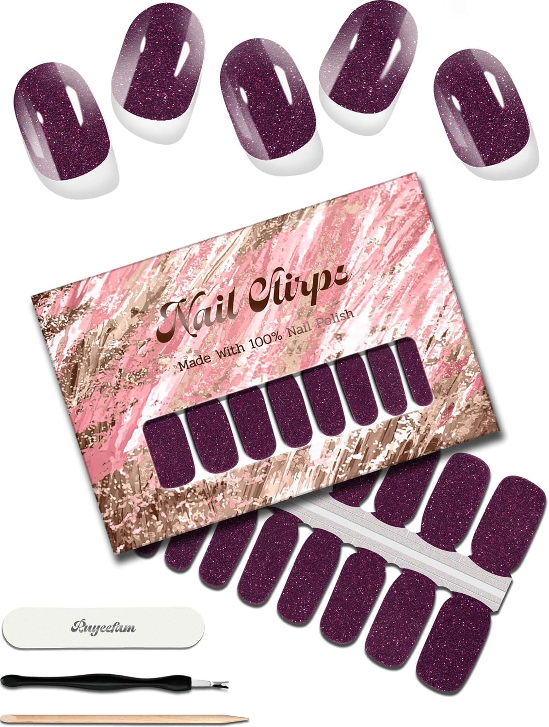 Glitter Nail Polish Strips, 32 Pcs Salon Quality Gel Nail Stickers, Long Lasting Wraps Easy to Use & Remove (Glitter Dark Magenta)